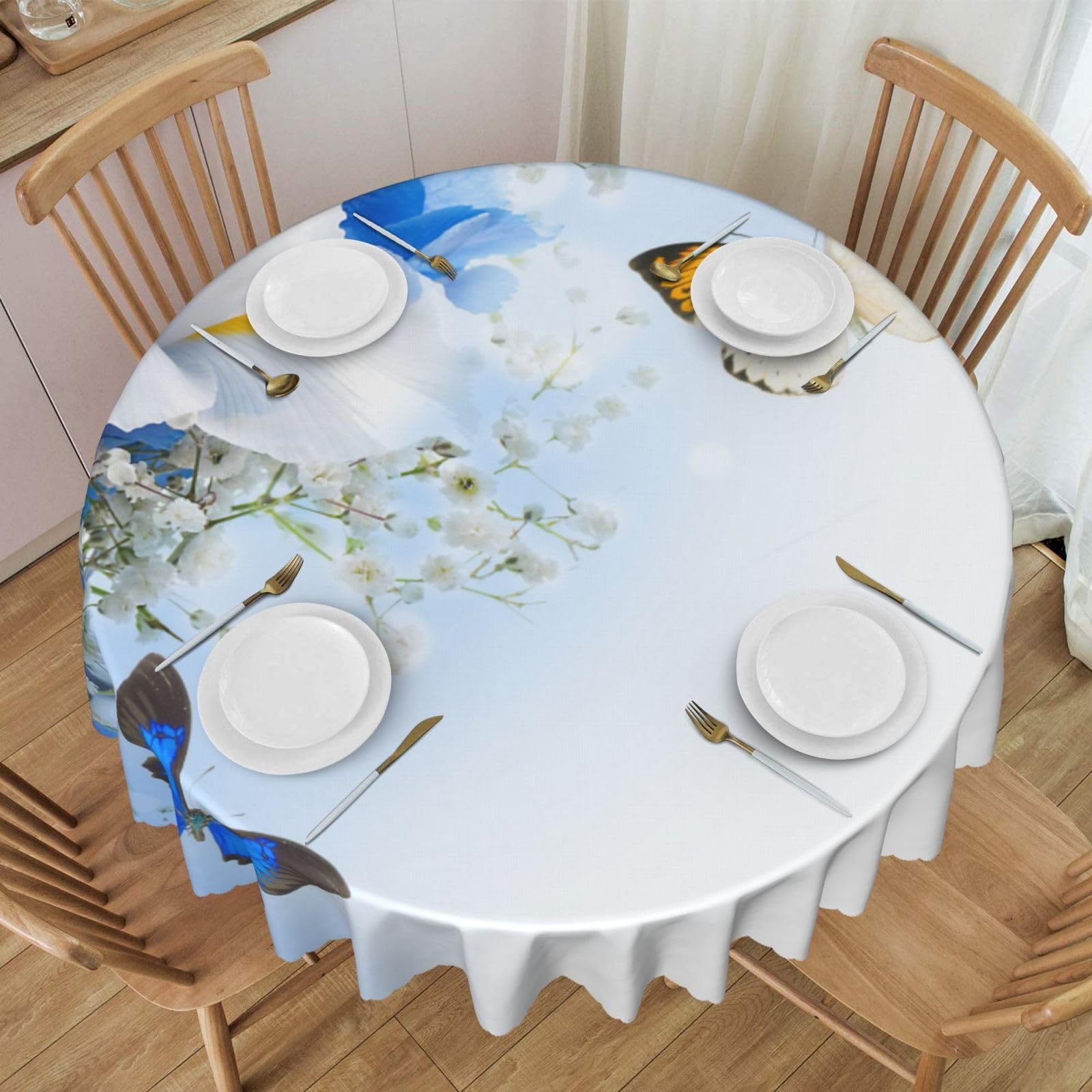 DCEHGEW 60 In Round Tablecloth with Lace, Flowers and Butterfly Printed Oilproof & Washable Fabric Picnic Table Cloth Table Covers