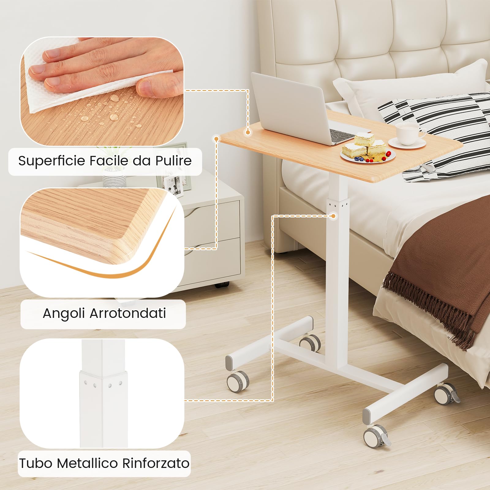 COSTWAY Tavolino da Divano e Letto con Ruote Bloccabili, Tavolino Porta PC Regolabile in Altezza con Pistone a Gas, Ruote Lisce, Base a Forma di H, Ideale per Lavorare e Mangiare