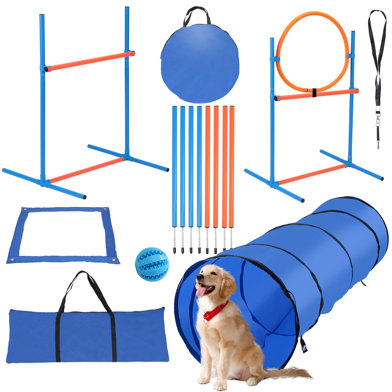 Agility 8-częściowy zestaw akcesoriów do treningu psa, z przeszkodą, pierścieniem do skakania, tunelem dla psa, 8 drążkami slalomowymi, niebieską piłką, fajką, torbą do przenoszenia małych