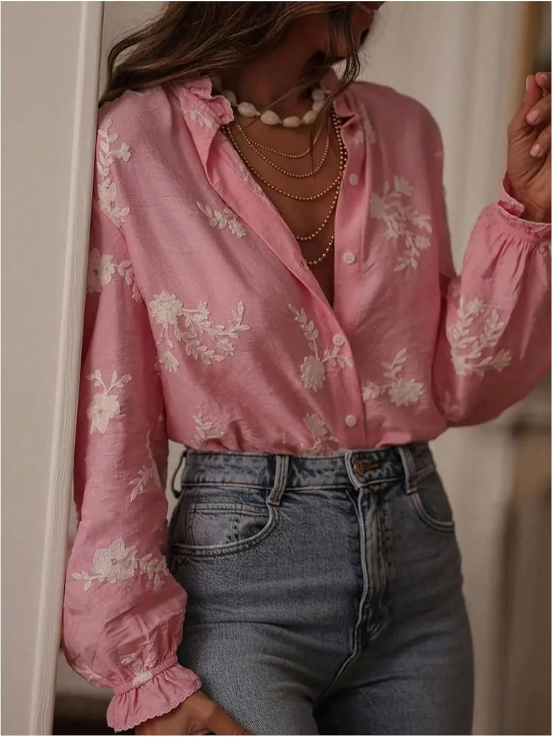 GORGLITTER Women's Floral Embroidered Boho Top Sheer Peasant Blouses Bishop Long Sleeve Button Down Shirts Dressy Casual - Image 5