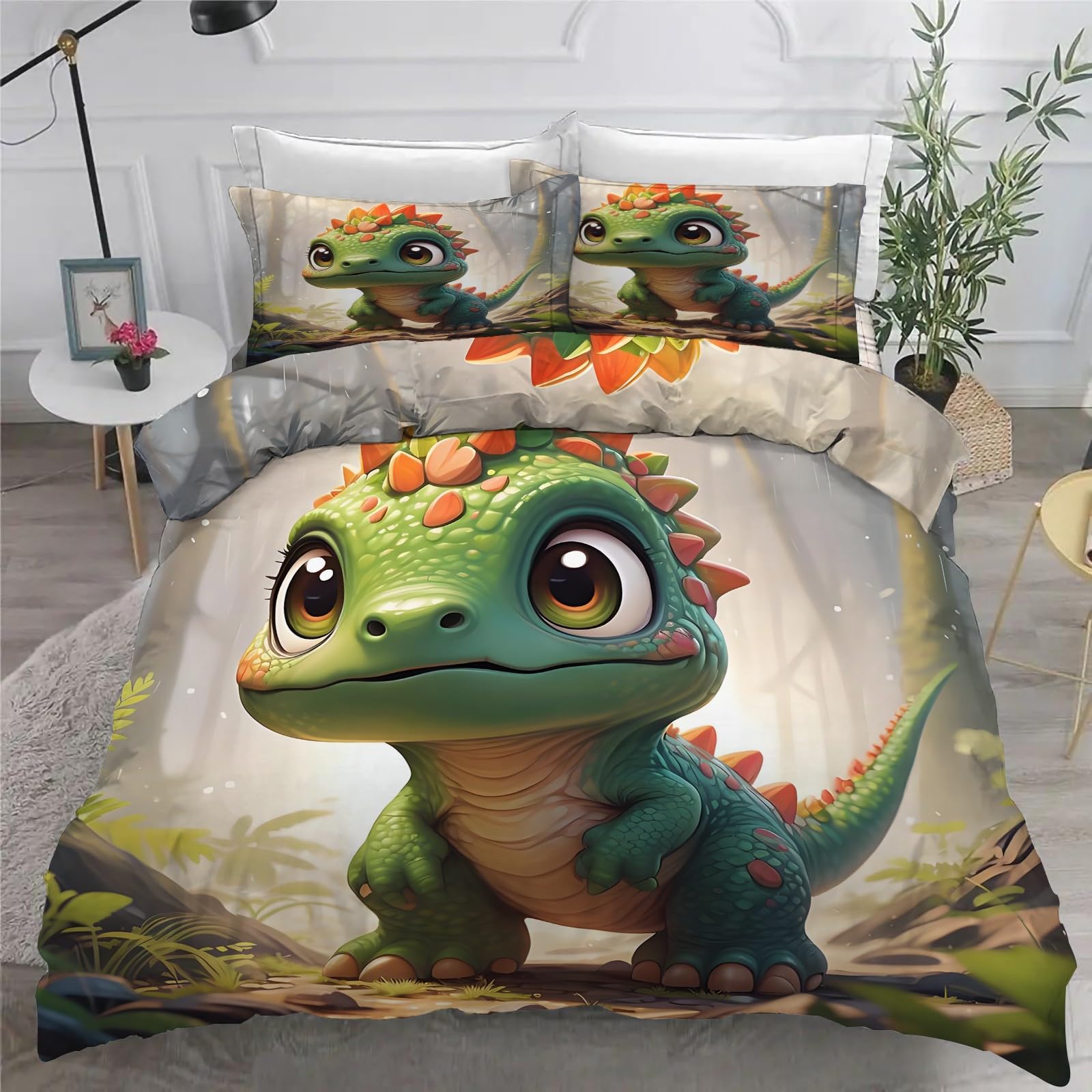 Zielony dinozaur Edredon poszewka 220 x 240 cm, zestaw pościeli roślin, 3-częściowy zestaw z miękkiej i oddychającej mikrofibry, 2 poszewki na poduszki 50 x 75 cm AN101