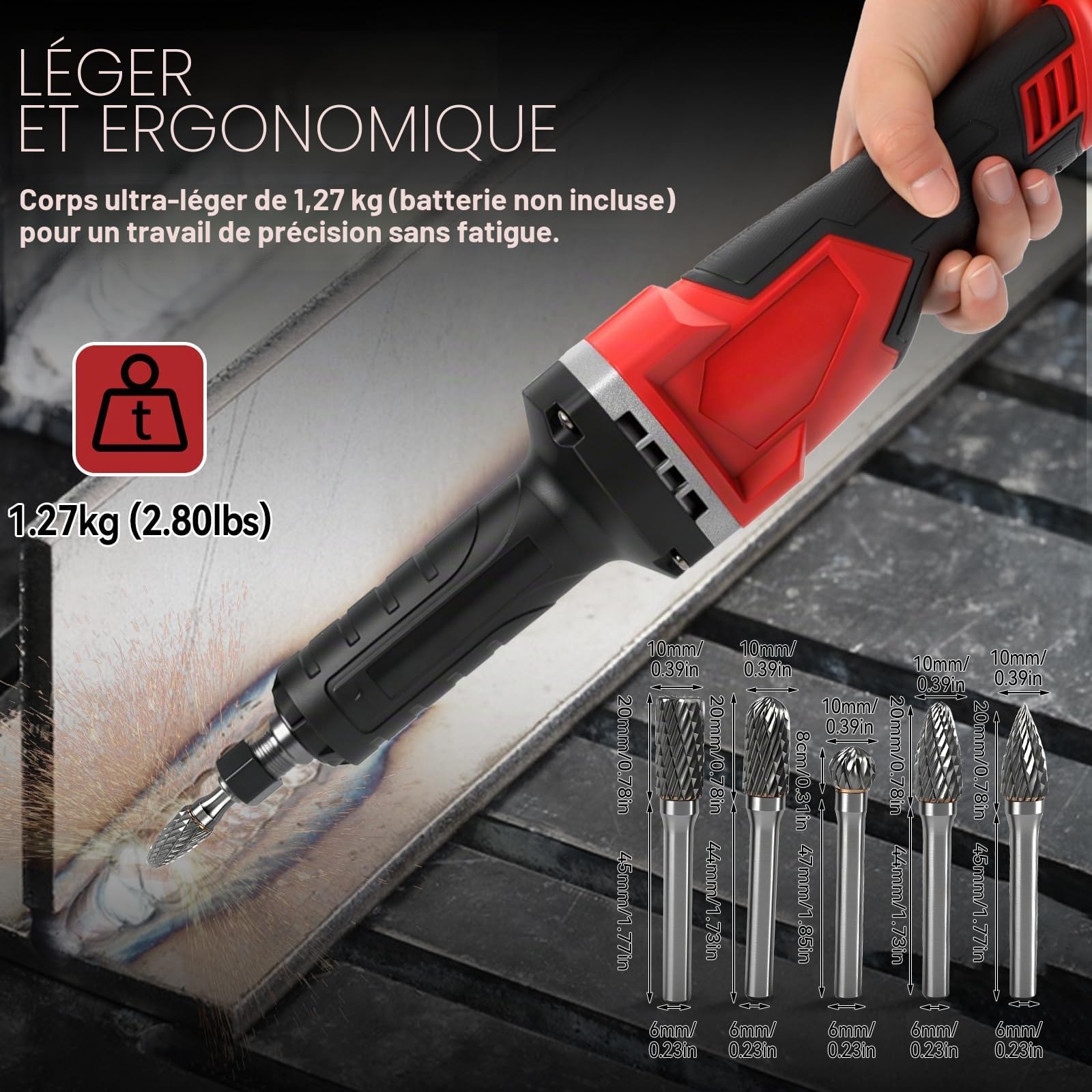 Meuleuse droite sans fil compatible avec batterie Milwaukee 18 V, 24 000 tr/min sans balais avec perceuse de 6 mm pour meulage, polissage, ébavurage (outil uniquement)