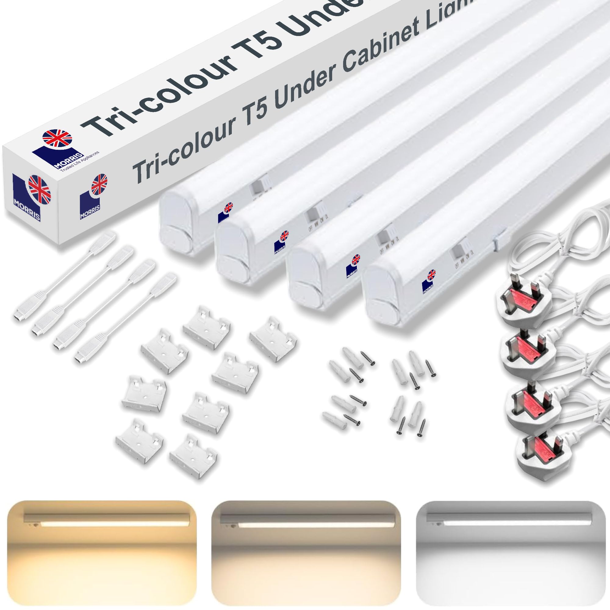 Morris LED Under Cabinet Light Linkable 3 Colours in 1 3000k/4000k/6500k Kitchen Light - UK Plug Included - 288mm, 550mm, 850mm,1150mm (1150mm, 4 Pack)