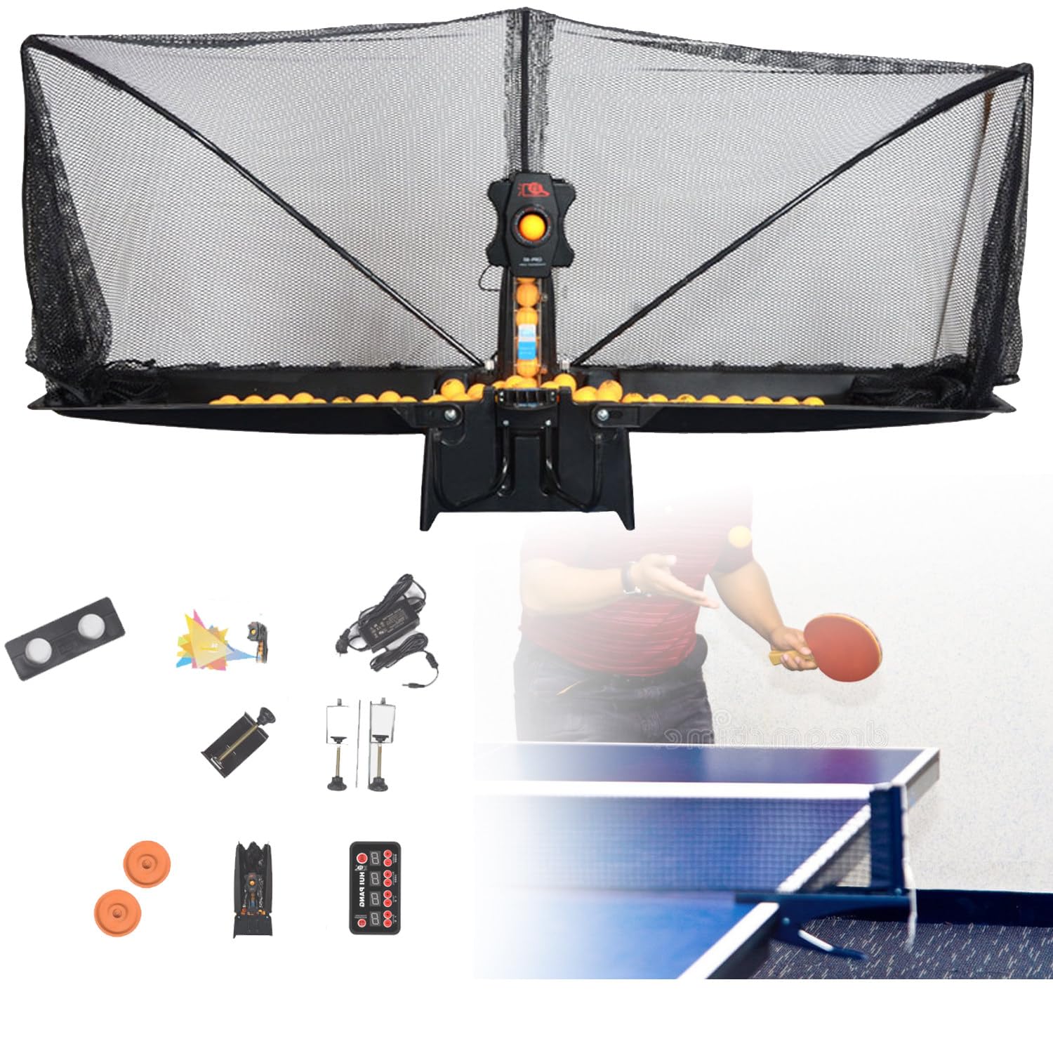 Table Tennis Robot Automatic Ping Pong Training Machine, Ping Pong Ball Machine for Practice, with Remote Control Table Tennis Balls and Recycling Nets, 9 Angles& 7 Gears Adjustable
