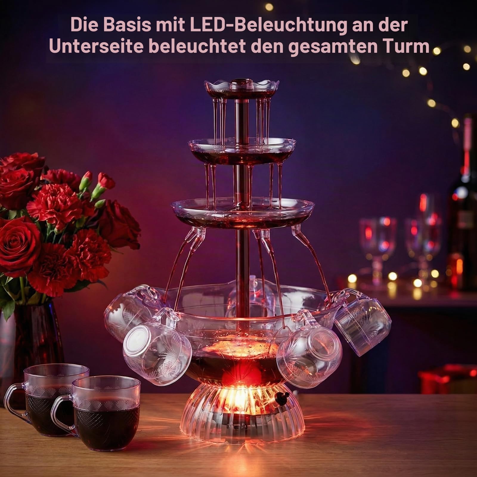 3-Stufiger Klarer Partybrunnen,4L Getränkebrunnen Zimmerbrunnen mit 5 Stück Bechern,Cocktail Brunnen LED-Beleuchteter Sockel,Saft Und Weinbrunnen Trinkbrunnen für Kneipen, Hauspartys