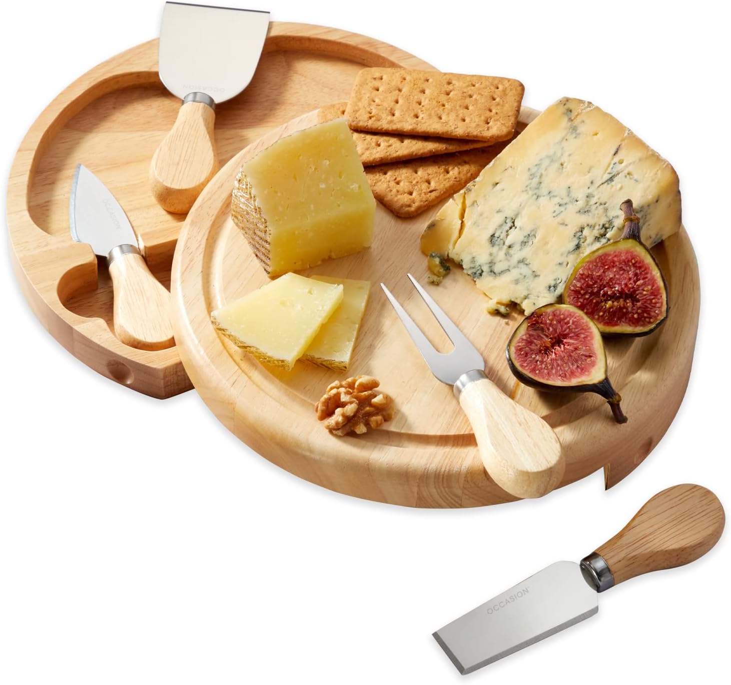 VonShef Bamboo Cheese Board, Oval Serving Tray with Stainless Steel Knife Set, Easy Clean