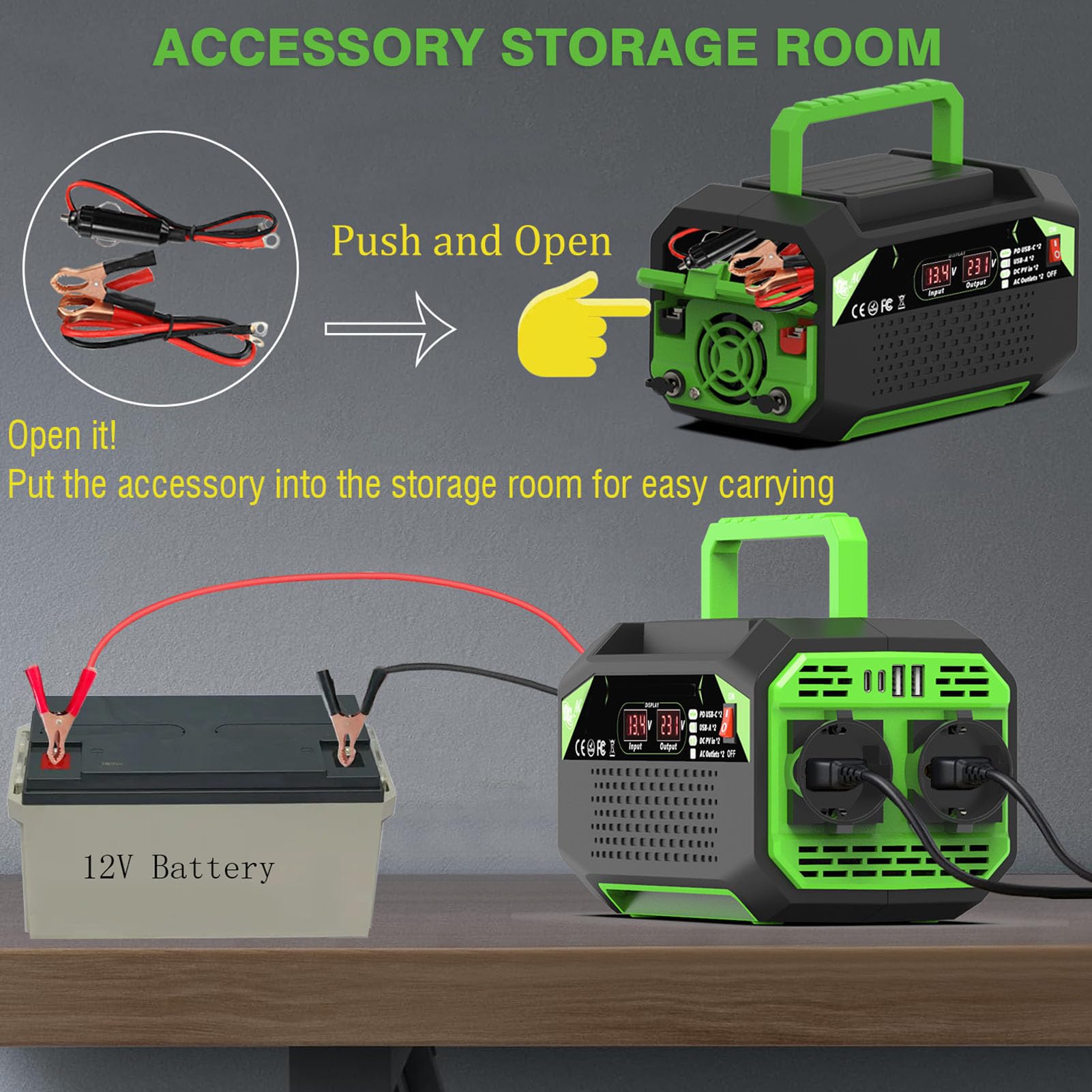 Pongnas Samochodowy Konwerter 12 V na 220 V DC na AC o Mocy 300 W z Wyświetlaczem Cyfrowym 2 Gniazda AC 2 Porty USB-A Szybkie ładowanie do Podróży Kemping łodzie RV