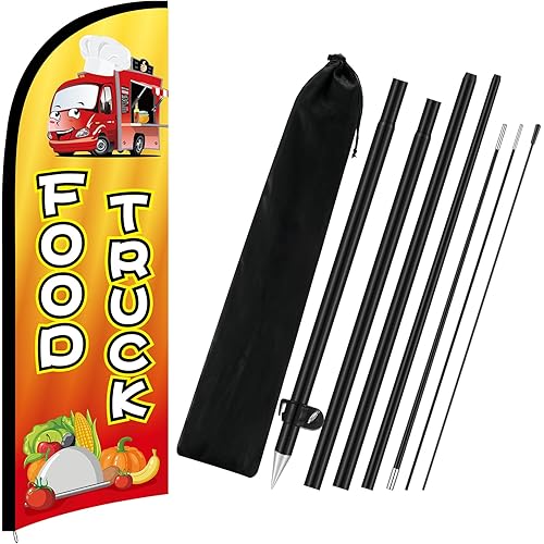 Food Truck Advertising Swooper Flag Banner 8.2ft Feather Flags with Pole and Ground Stake Advertising Feather Banner Signs for Business Store Fronts (Orange)