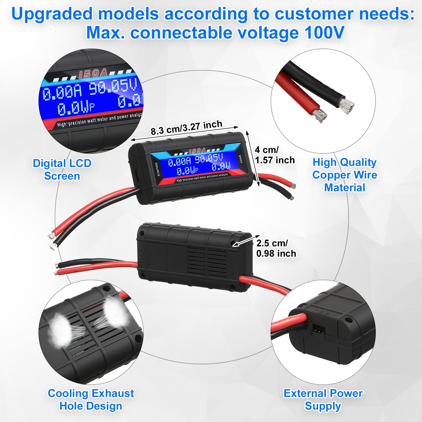 Yunsailing 2 Pcs High Precision Watt Meter Power Analyzer Battery Consumption Performance Monitor Power Monitor with Backlight Digital LCD Screen(No 45 Amp Power Grade Connector, 150A/100V)