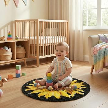 Latch Hook Rug Kit, DIY Rug Crochet Yarn Kits, Rug Making Kit with Crochet, Sunflower Pattern Printed, Embroidery Decoration, Latch Hook Kits Gift for Family Friends for Beginners, Adults 52 x 52 cm