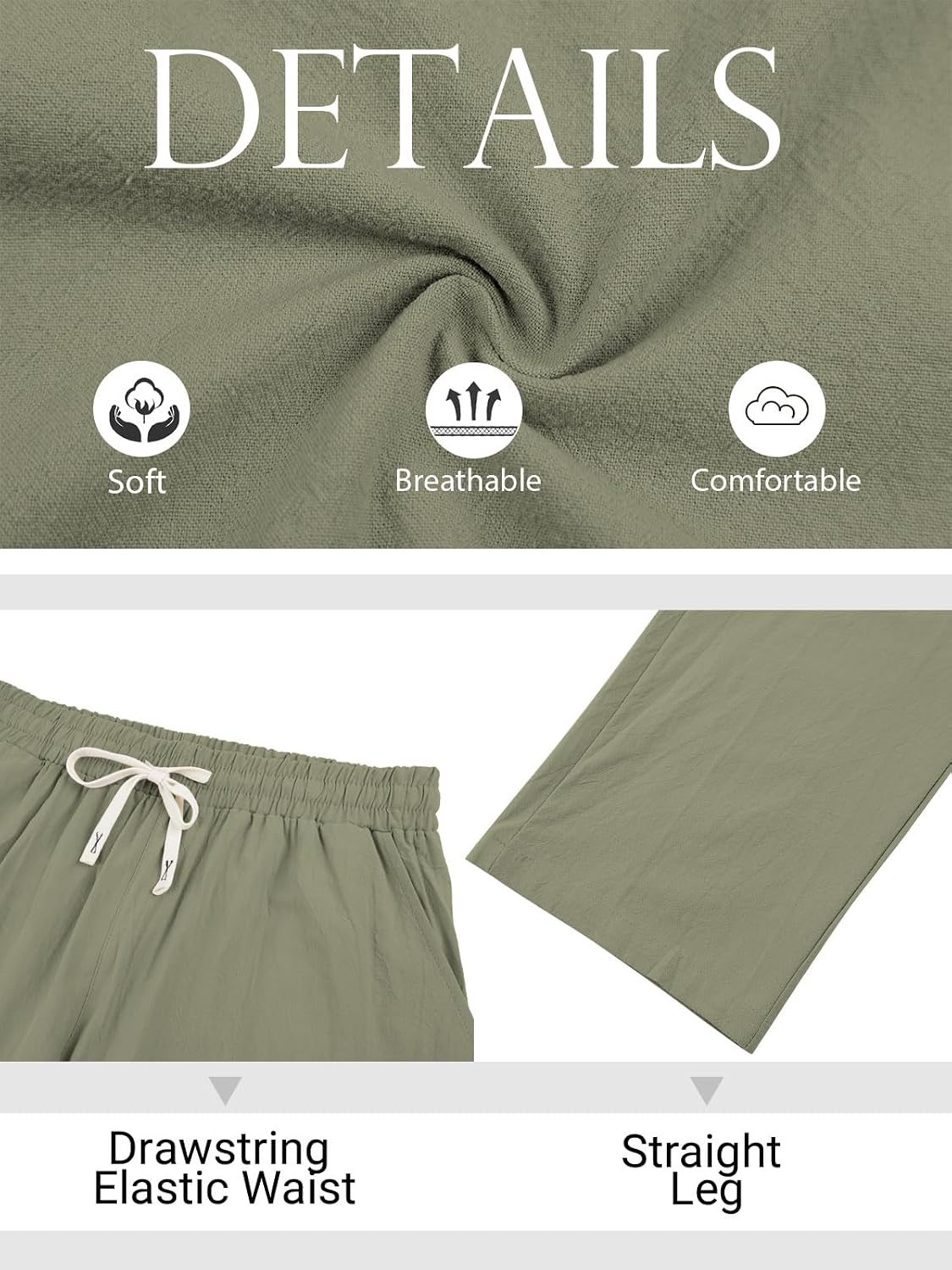 ‌Men's Linen Pants Lightweight Drawstring Elastic Waist Pockets Loose Fit Straight Legs Summer Beach Yoga