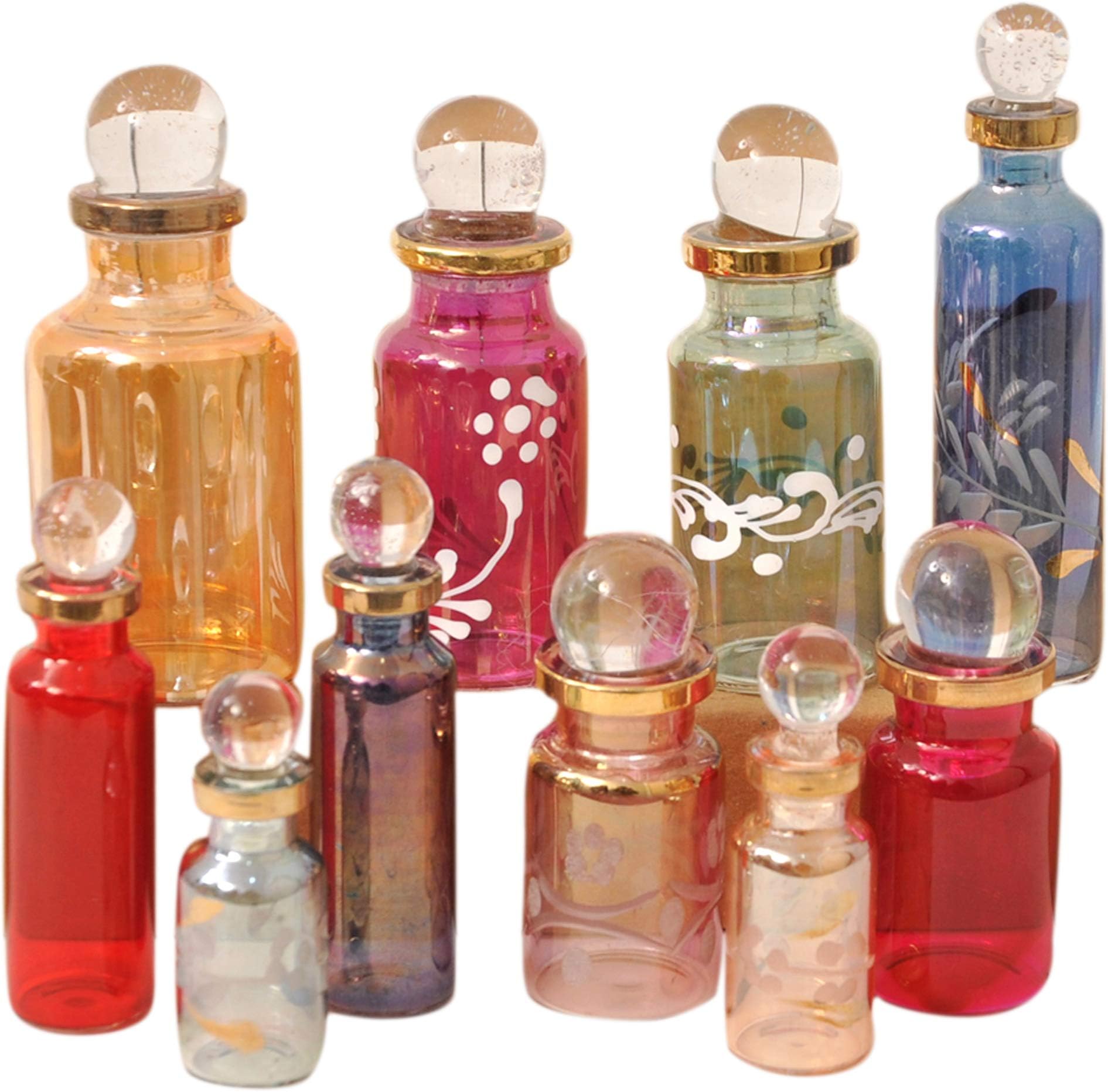 CraftsOfEgypt Genie Blown Empty Glass Mini Bottles for Perfume, Essential Oils or Potion - Set of 10 Decorative Small Vials, Each 2" High (5cm), Assorted Colors