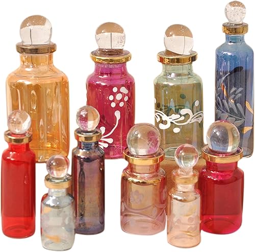 CraftsOfEgypt Genie - Minibotellas vacías de vidrio soplado para perfume, aceites esenciales o poción Juego de 10 frascos pequeños decorativos,