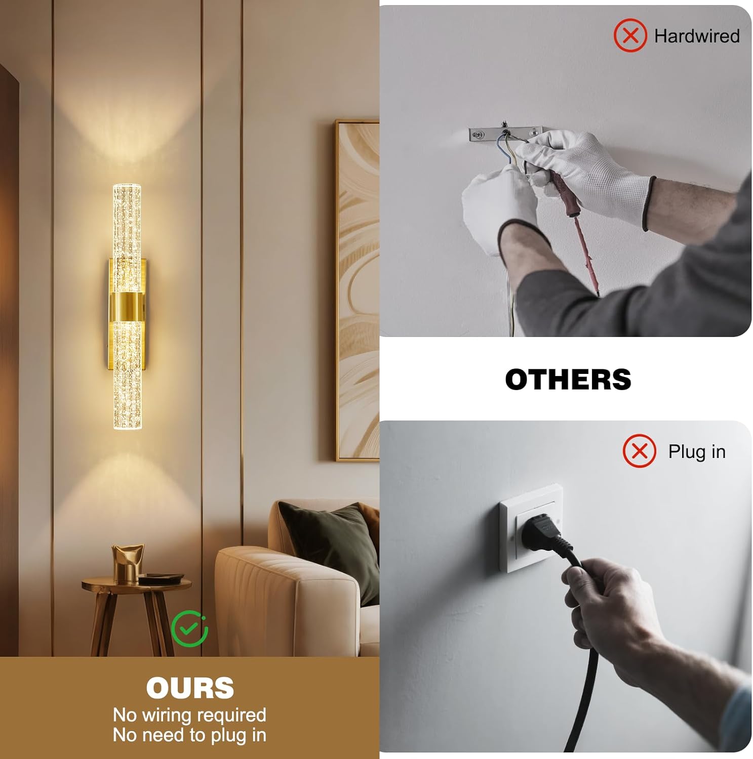 Gold Wall Sconces Battery Operated Set of 2, 10000mAh Rechargeable Wireless Wall Sconce with Remote Control, 3CCT, Dimmable Crystal Wall Lights for Living Room Bedroom Hallway