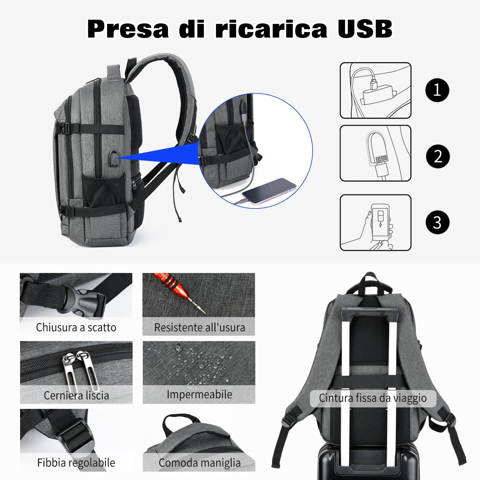 FANDARE Zaino Porta PC 16 Pollici Impermeabile Uomo Donna Nero A | spallacci imbottiti a nido d'ape, cinghia per valigia, scomparto laptop 16.5", tessuto Oxford antispruzzo, capienza multipla