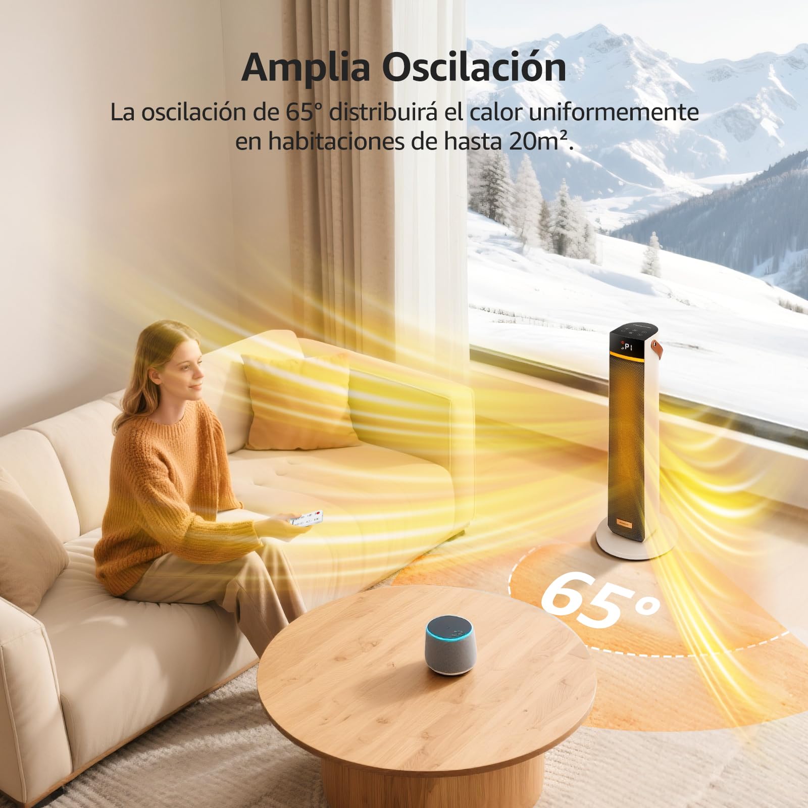 Aigostar Calefactor Cerámico con Luz Nocturna, Mando a Distancia y Pantalla Táctil LED, 2000W, Función ECO, 4 Modos, Silencioso, Temporizador 24H, Temperatura Ajustable 5-35°C, Oscilación y Asa