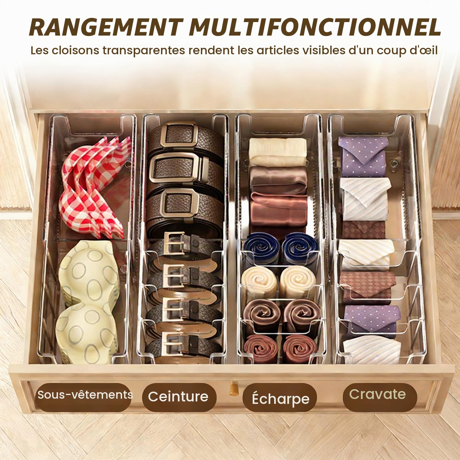 Range Ceinture, Organiseur de Ceinture en Acrylique Rétractable, Présentoir de Ceintures avec 6 Compartiments pour Montres Cravates Bijoux et Accessoires, Séparateurs Modulables
