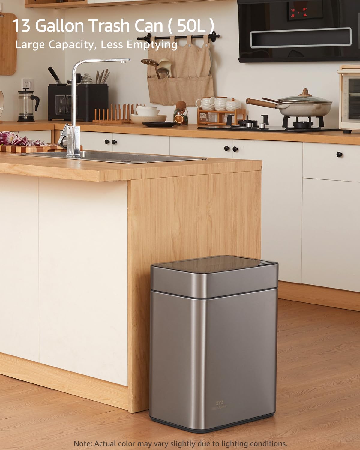 zyz Kitchen Trash Can 13 Gallon / 50L, Automatic Touchless Sensor Garbage Can with Butterfly Lid, USB Rechargeable 2400mAh Battery, Stainless Steel Soft-Close Trash Bin for Home (20 Count Trash Bags)