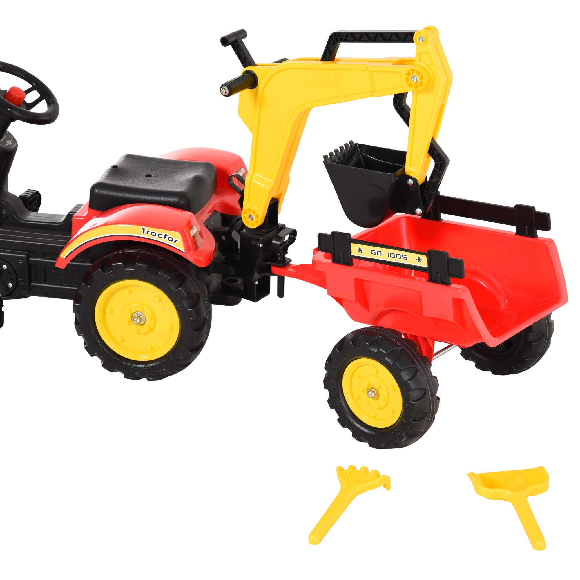 HOMCOM Trettraktor mit Anhänger, Frontlader, Verstellbarer Schaufel, Traktor Tretfahrzeug für Kinder ab 3 Jahren Rot