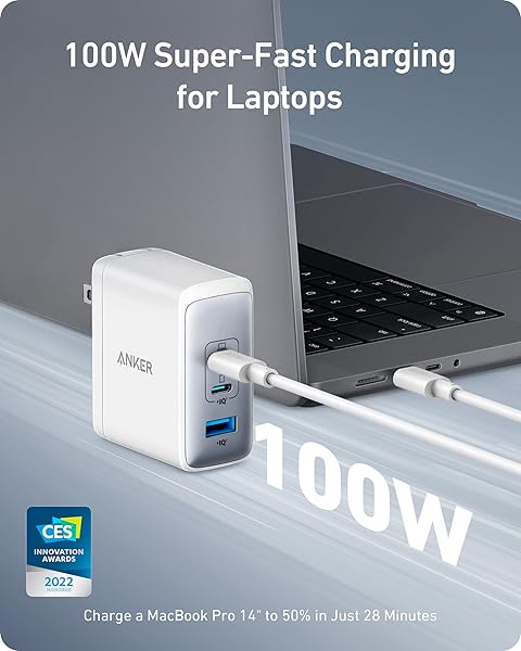 Anker Nano 100W USB-C Charger, 3-Port Fast Compact GaN Charger for MacBook Pro/Air, Pixelbook, ThinkPad, Dell XPS, iPad Pro, iPhone 16 Series, Galaxy S23, and More (1 Pack & 1 Cable) (White)
