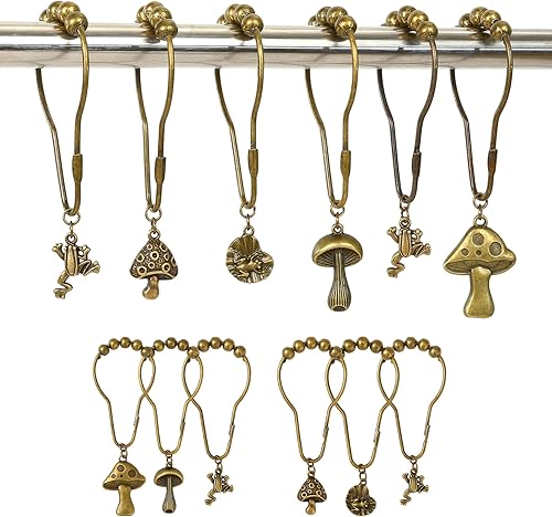 SANDOO 12 ganchos para cortina de ducha retro con diseño de rana y hongo, bonitos ganchos decorativos para cortina de ducha, anillos de cortina de