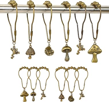 SANDOO 12pcs Frog and Mushroom Retro Shower Curtain Hooks - Cute Decorative Shower Curtain Hooks,Rustproof Metal Forest Style Boho Shower Curtain Rings for Fairytale Bathroom Decor, Housewarming Gift