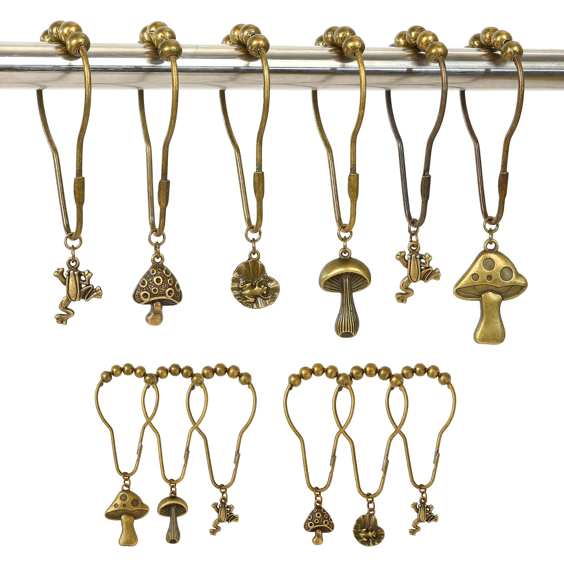 SANDOO 12pcs Frog and Mushroom Retro Shower Curtain Hooks - Cute Decorative Shower Curtain Hooks,Rustproof Metal Forest Style Boho Shower Curtain Rings for Fairytale Bathroom Decor, Housewarming Gift