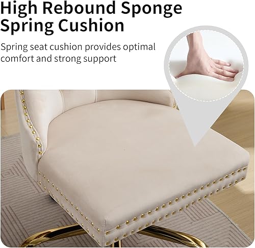 Miniatura 4 de Silla de escritorio de terciopelo beige para oficina en casa con ruedas y base dorada, bonita silla de maquillaje con respaldo copetudo para mujeres