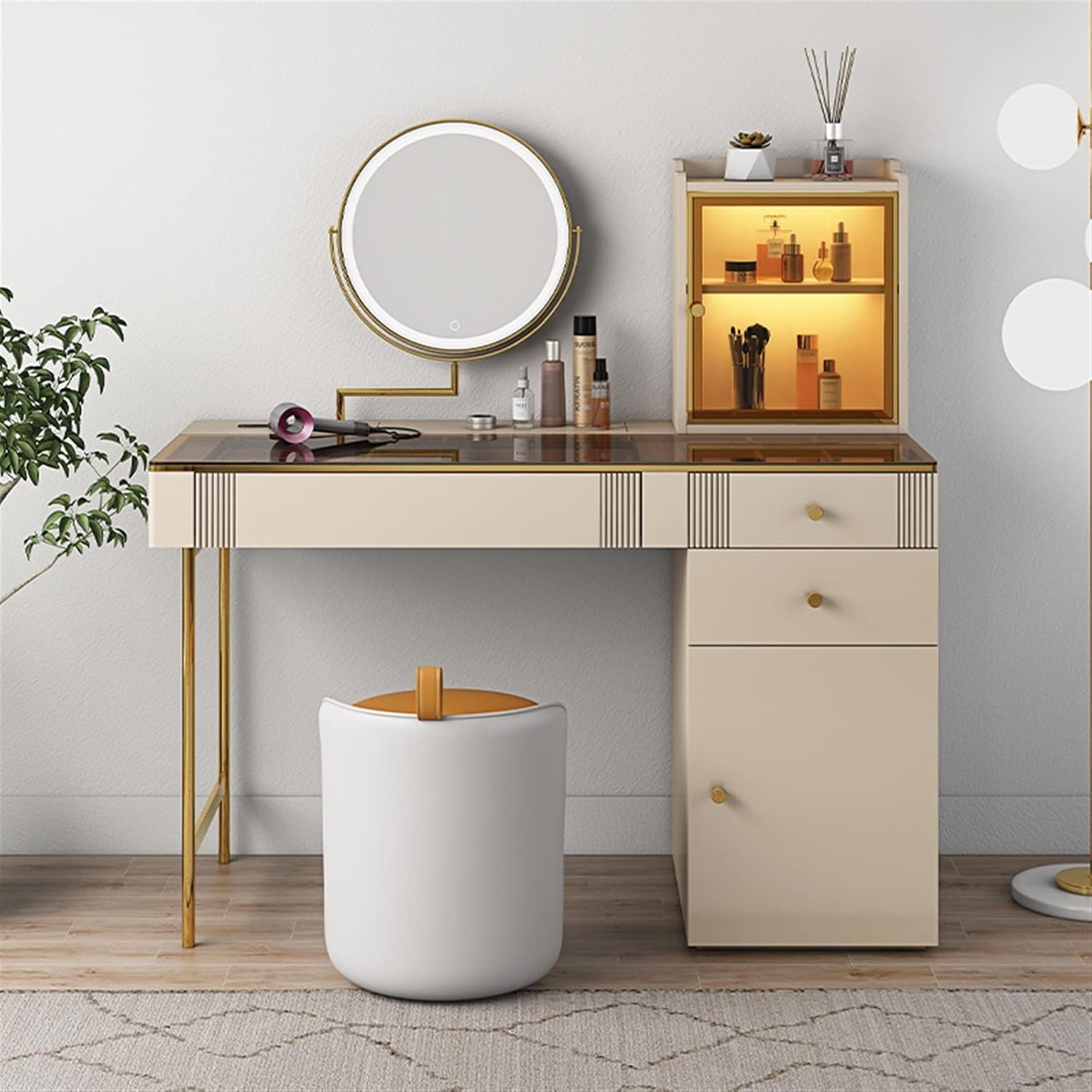 Vanity Dressing Table Set Luxury Makeup Bench with 3 Colors Led Hd Mirror,Comfortable Stool Drawers Cabinet,Modern Simple Style,for Girl's Gift (Color : Left, Size : 120cm) (Left 120cm)