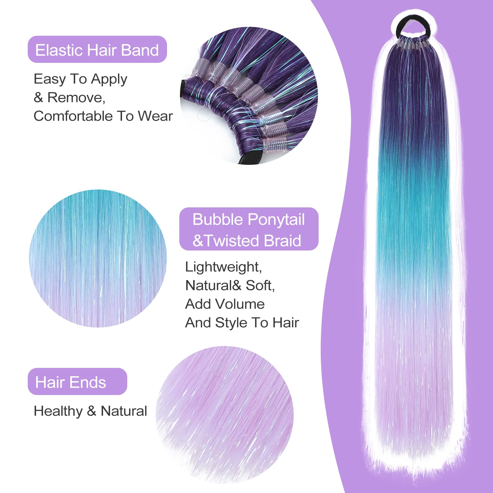 1 Packs 26 Inch Rainbow Ponytail Hair Extensions with Tinsel Hair for Jumbo Braiding Hair Extensions Soft Yaki Straight Synthetic Hair Glitter Ponytail for Girls DIY Braids (purple-blue-light purple) - Image 4