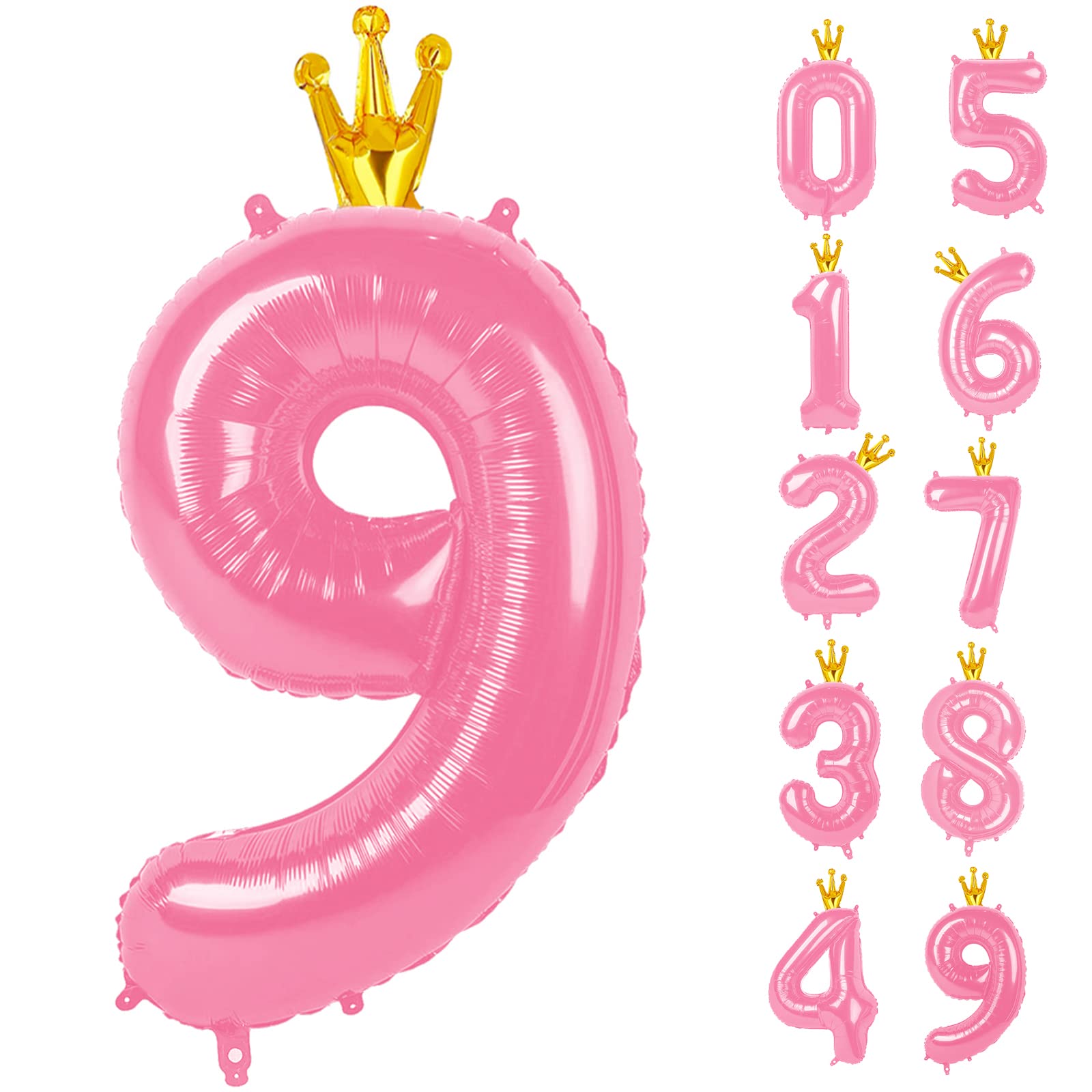 40 Inch Pink Number Balloon 0-9(Zero-Nine) with Crown, Big Size Happy Birthday Balloon, Foil Helium Big Number Balloon for Birthday Party,Wedding,