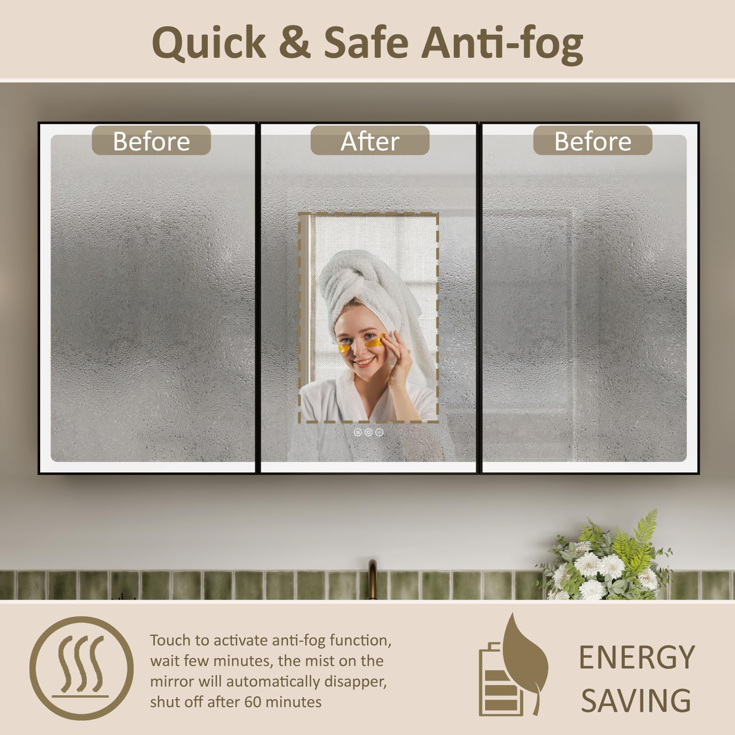 60x32 Inch Medicine Cabinet with Lights, Aluminum Frame, LED Lighted, Anti-Fog, Adjustable Shelves, Dimmable Lighting, Outlets & USB, Recessed or Surface Mount, ETL Listed, Black Rim