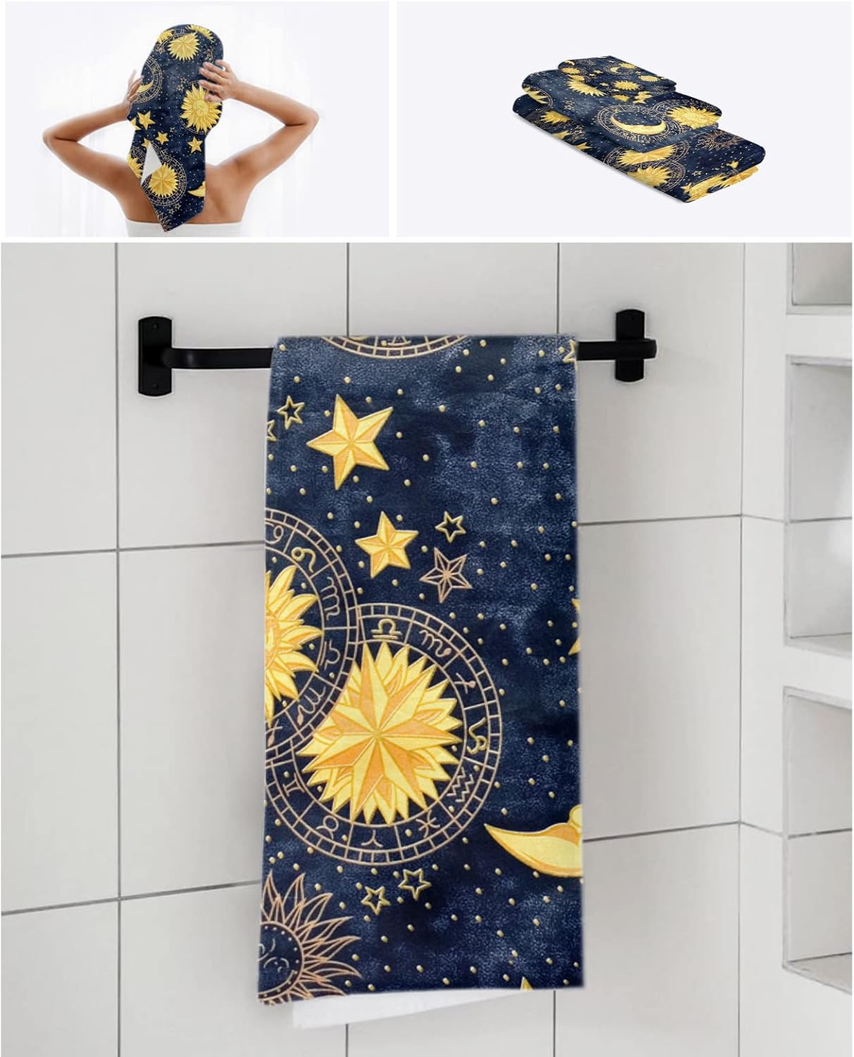 Bath Towel Sets,Night Vintage Moon Sun Star Bathroom Towels Soft Hand Towel Washcloth Cotton Towel Set,Absorbent Soft Bath Set for Hotel Beach Pool Yellow Celestial Fabric Midnight Towels