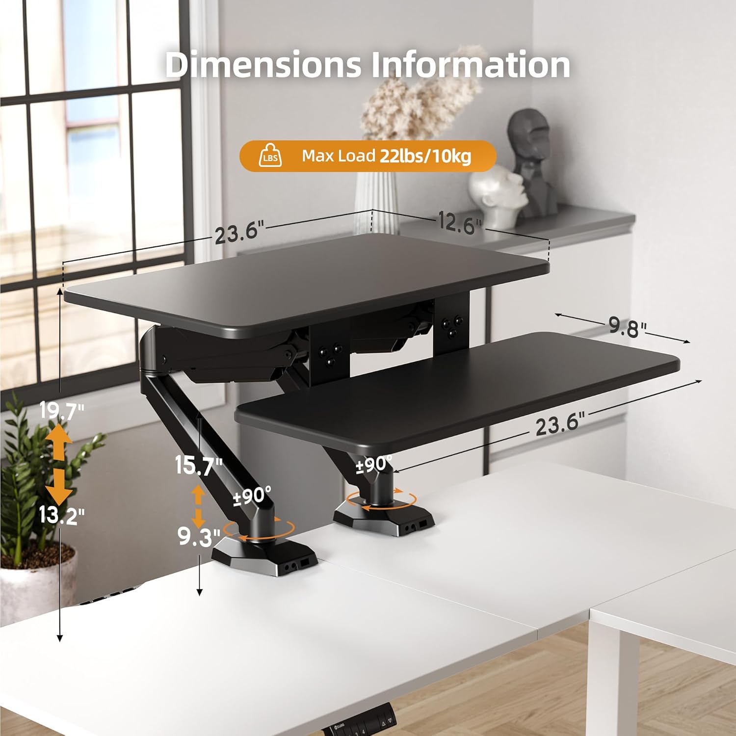 Claiks 24-Inch Sit-Stand Workstation，Innovative Space-Saving Height-Adjustable Ergonomic Desk Converter with Wide Keyboard Tray，Dual Fixation and Flexible Rotation Function, Black
