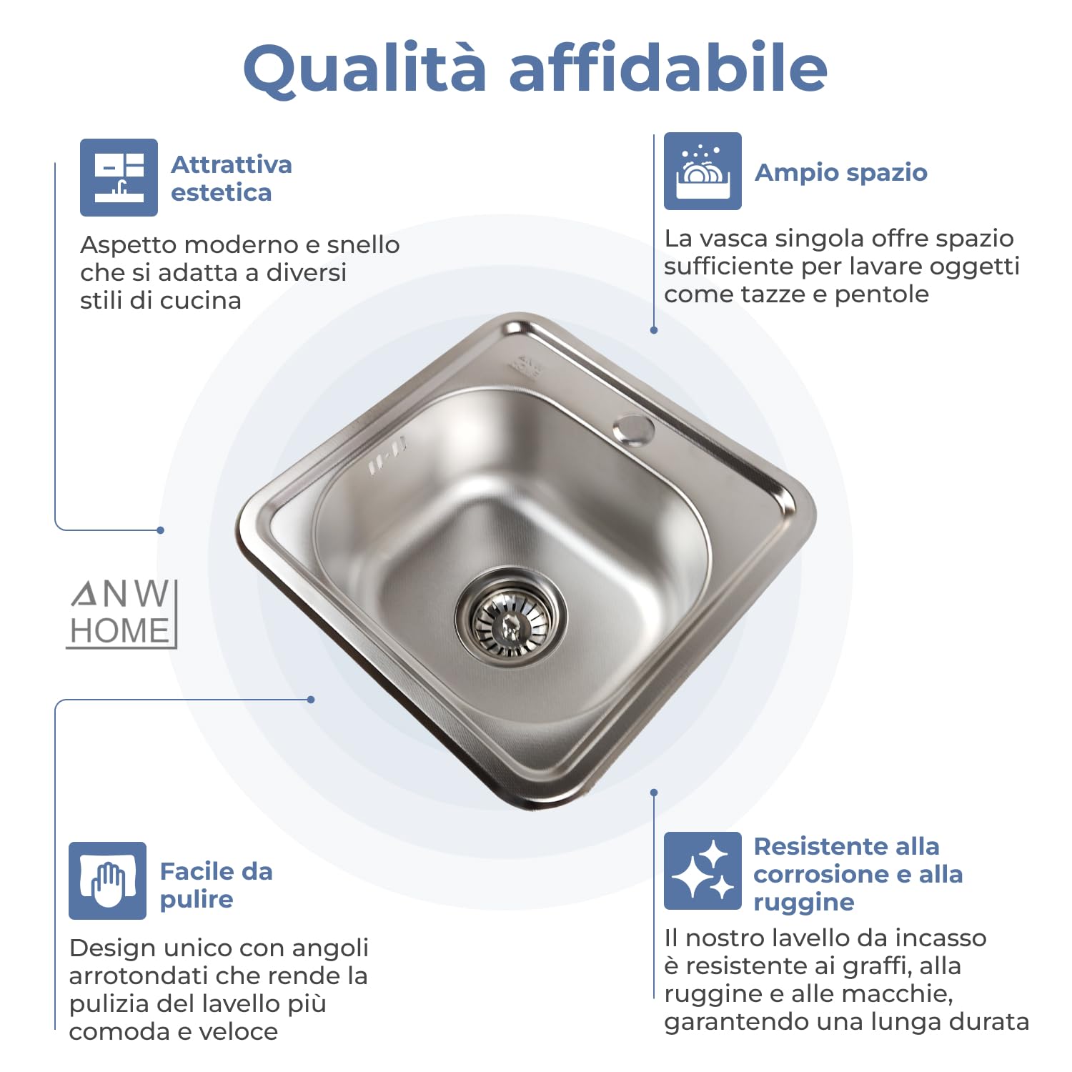 Lavello Cucina In Acciaio Inox 38x38 Cm Da Incasso - Con Sifone, Foro Rubinetto, Angolare, Antigraffio, Facile Montaggio