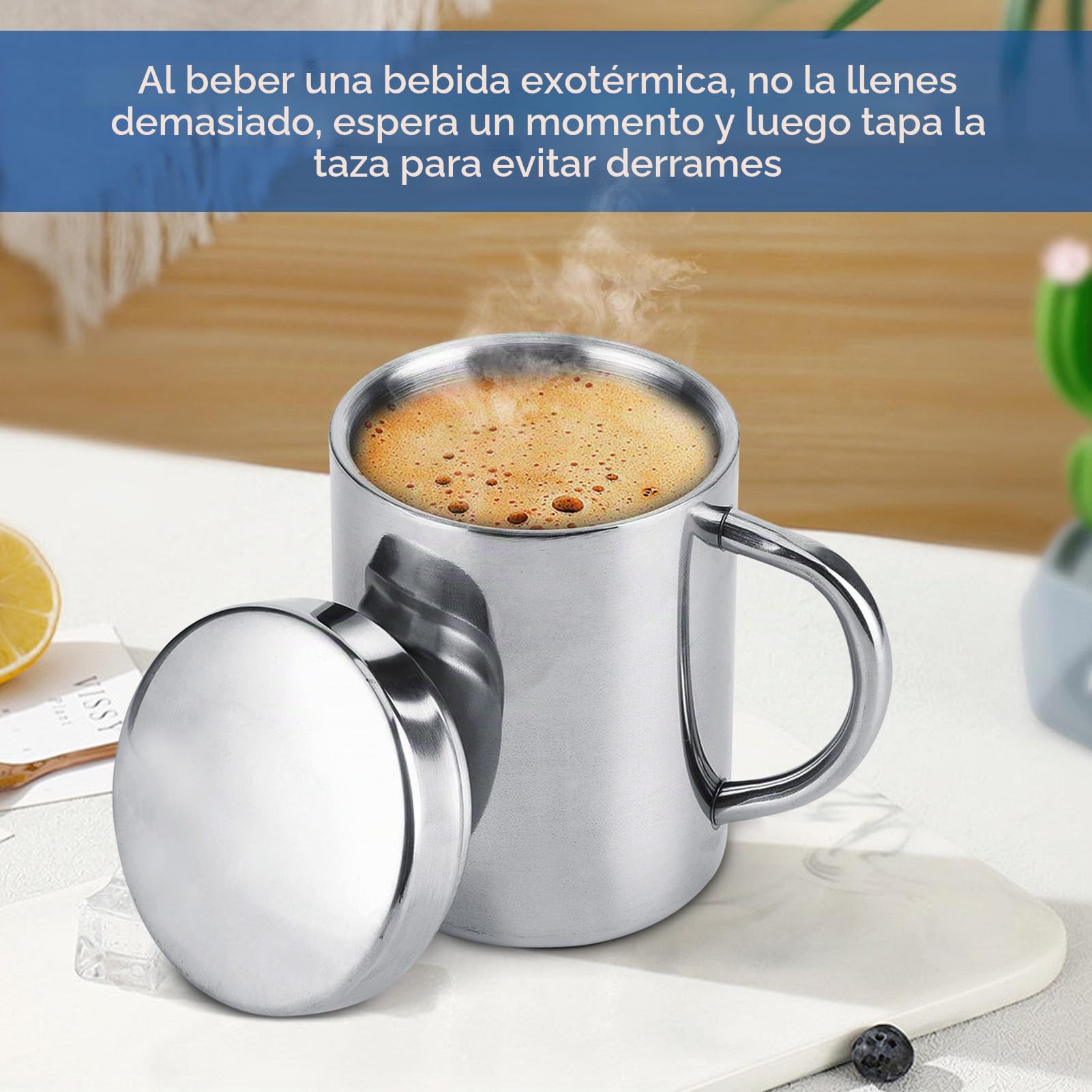 HERCHR Tazas de café de acero inoxidable, taza de café de doble pared con tapa y asa Tazas de viaje para acampar para bebidas calientes, té, café