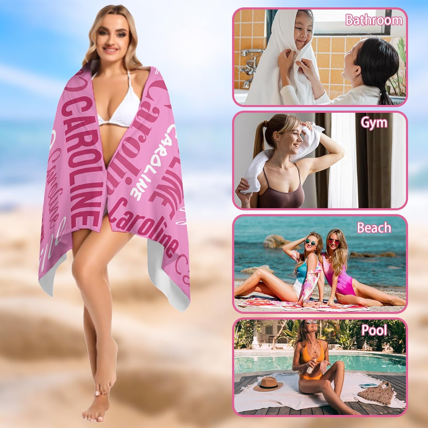 Personalized Beach Towel with Name, Custom Beach Towels with Text, Customized Towels with Name for Travel Pool Swimming Gym Vertical 30.3 × 61.4 in