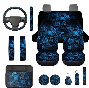 XYZCANDO Skull Rose 13 Pieces Car Seat Covers Full Set with Armrest Cover Cars and Auto Steering Wheel Accessories Cars Seat Belt Cover and Keychain Fashion Elastic Fabrics for Car SUV