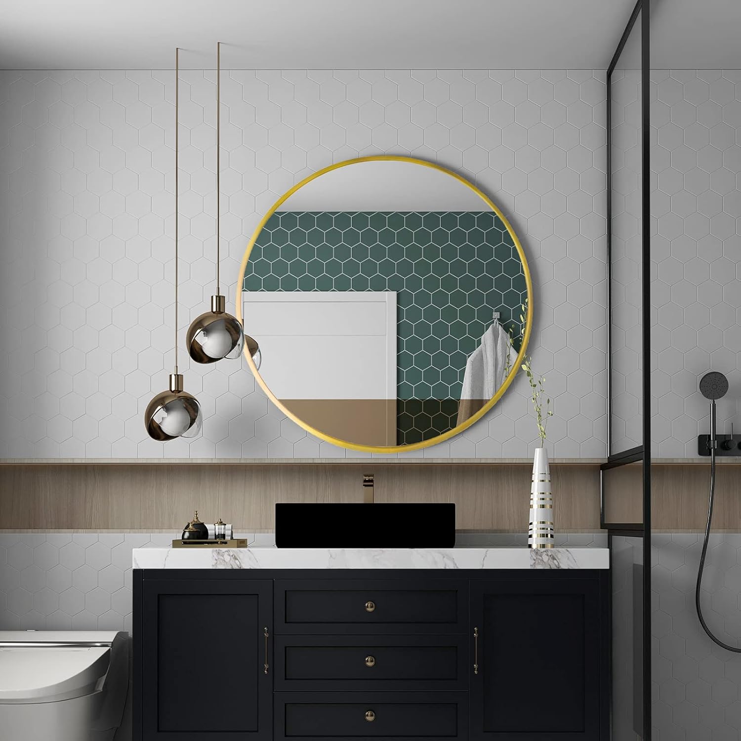 LFT HUIMEI2Y Wall Circle Mirror Large Round 32Inch Gold Metal Frame Wall Mounted