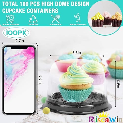 Miniatura 2 de Cajas para magdalenas, contenedor individual para pasteles, 100 unidades de plástico transparente desechable con tapa para el hogar, tienda, fiesta,