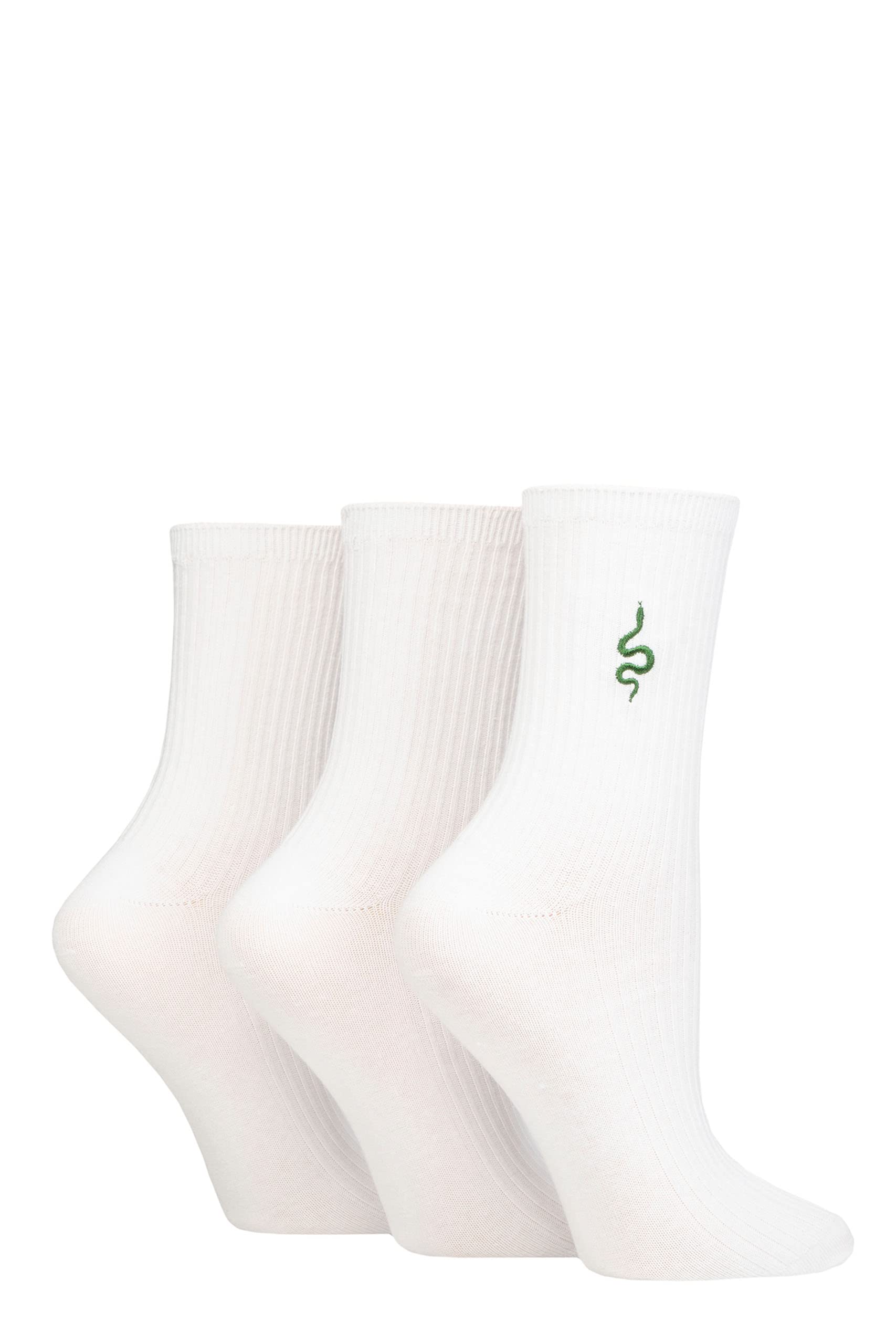 SockShop Wildfeet Ladies Embroidered Ribbed Socks Pack of 3 White Snake 4-8