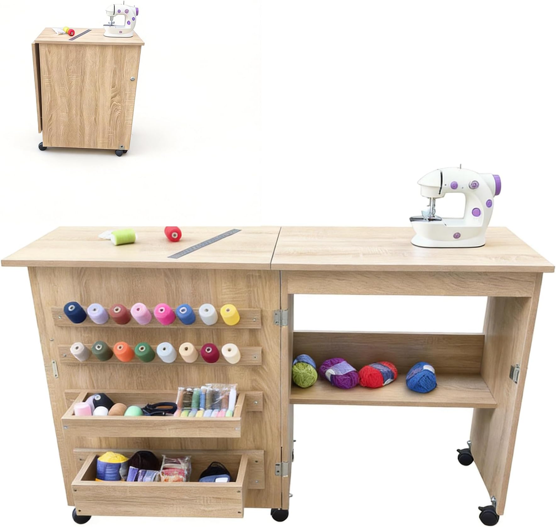 Garvee Folding Sewing Table, Sewing Machine Table with Compact Design, Multipurpose Craft Station & Side Desk with Lockable Wheels, Storage Shelves, Storage Trays, Pegs, Magnetic Locks