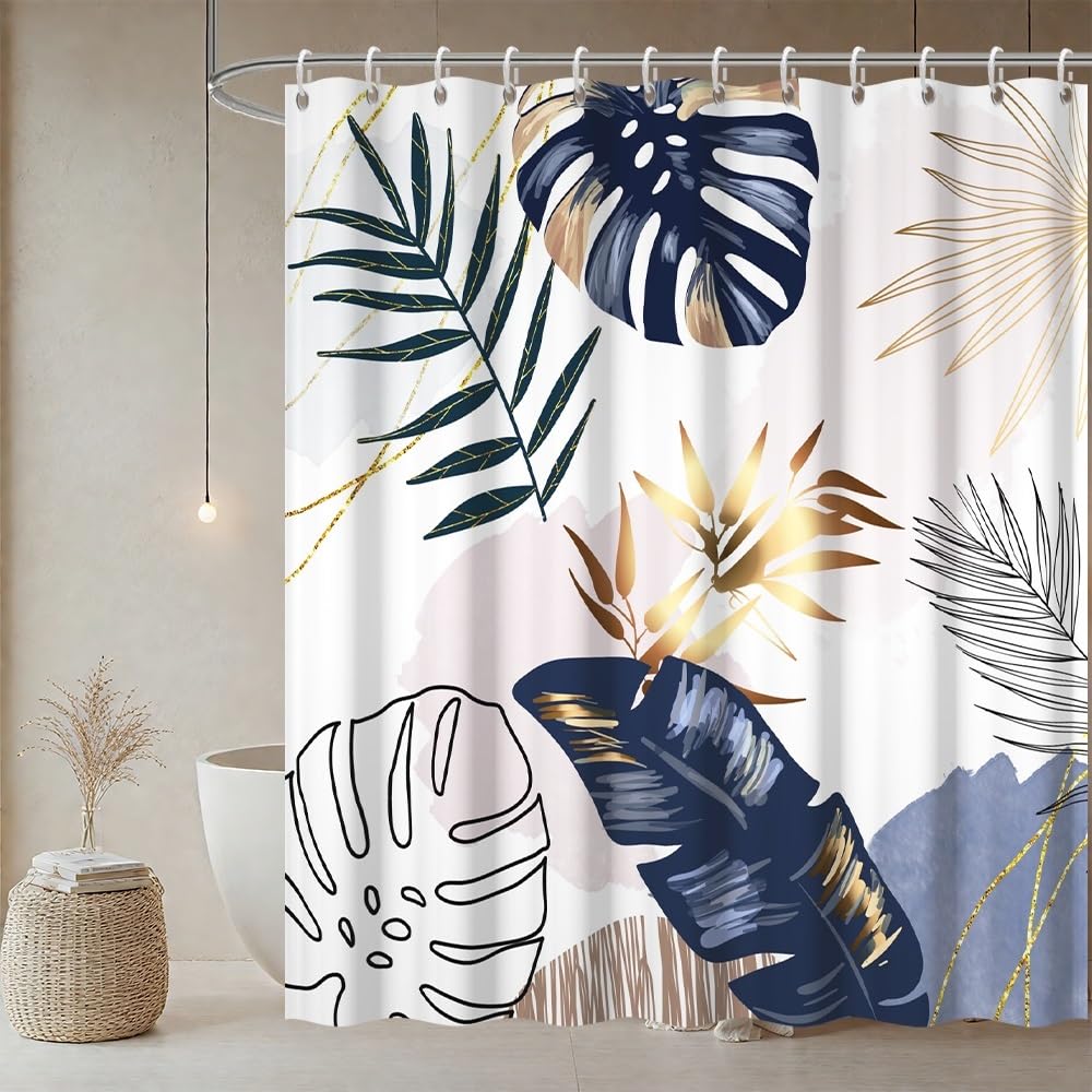 Uiiooazy Duschvorhang 180x200cm Anti Schimmel Blau Marine Tropisch Boho | Duschvorhang Dschungel Palmenblätter Wasserdicht Stoff Polyester Waschbar Bad Vorhang mit 12 Haken für Badezimmer Badewanne