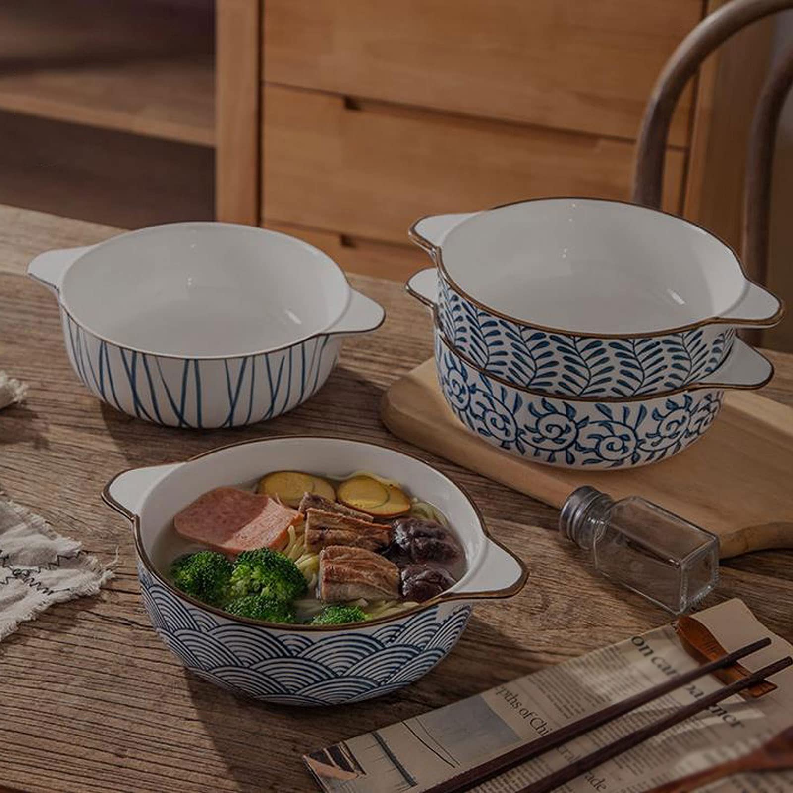Miski do kuchni Ceramiczna salaterka 2-częściowy zestaw 17 uncji może zachodzić na uszy z wykwintnym designem Porcelanowy zestaw misek kuchennych z makaronem żaroodpornym Ceramika na przekąskę, deser