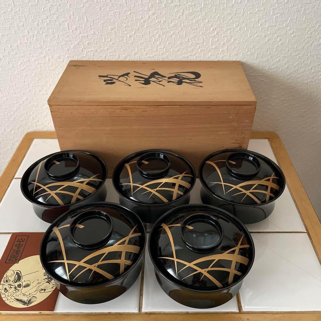 懐石道具 平安象彦 木製黒真塗 箸洗 小吸物椀 5客揃 底印 共箱 懐石