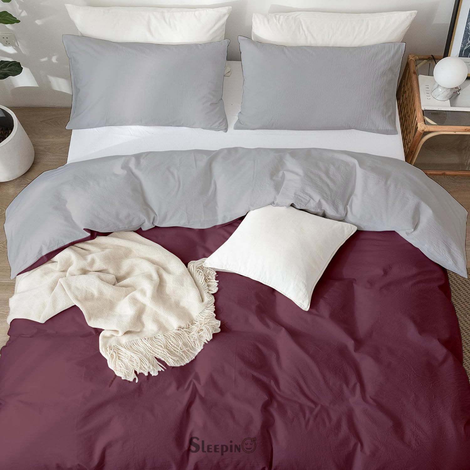 EDMUND - Brushed Microfiber King Size Reversible Duvet Cover Set/Comforter Cover/Rajai Cover/Blanket Cover (92"x106") Inch Quilt Cover King Size with Zipper & Pillow Cover - WineSilver 1