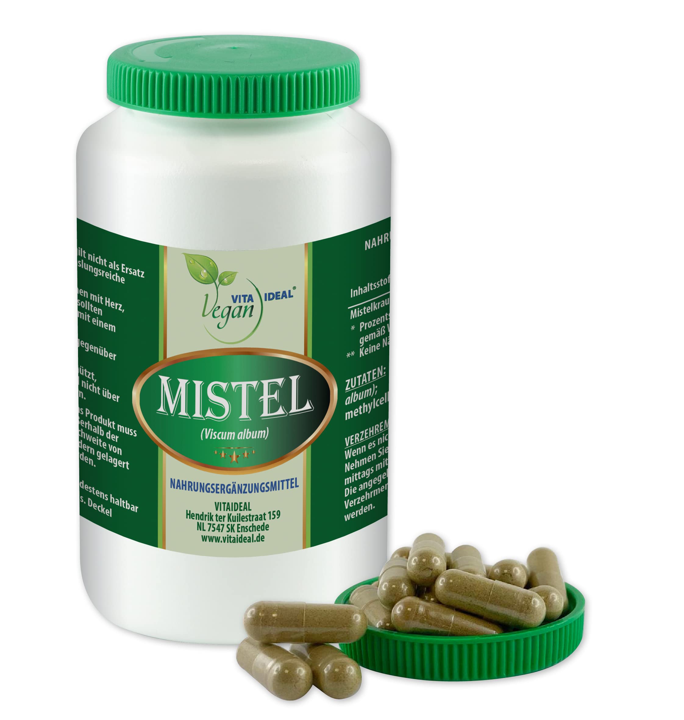 VITA IDEAL Vegan® MISTEL - Kraut 360 KAPSELN - Viscum album - Tagesportion 800mg MISTELKRAUT reines Pulver. Naatürlich, pflanzlich & ohne Zusatzstoffe.