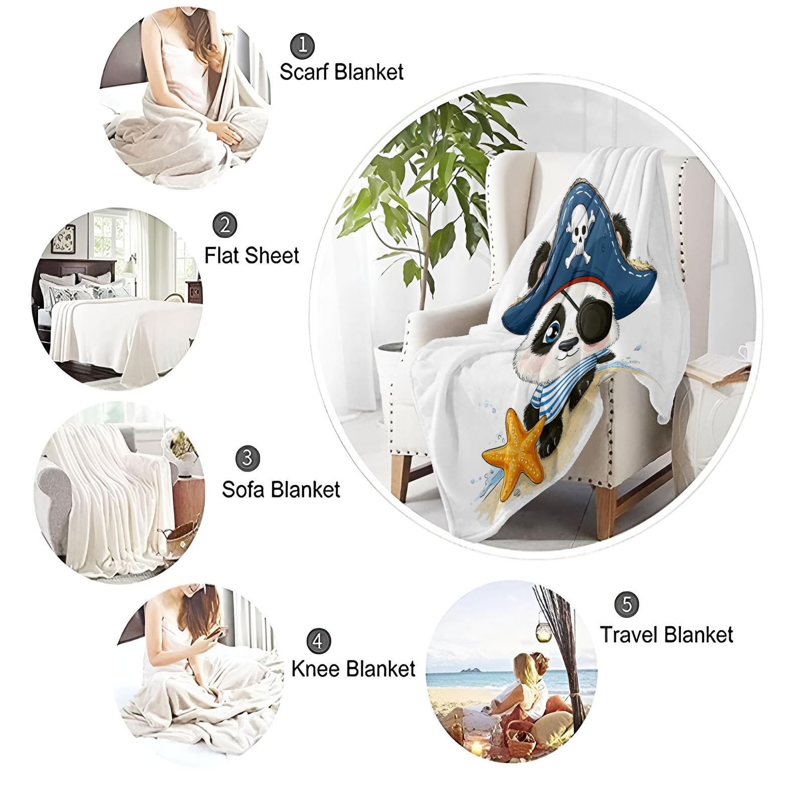 Couverture Plaid Flanelle 150 x 200 cm - Dessin Animé Panda Géant Pirate Thème Léger Doux Couvertures pour Salon canapé Voyage, Blanc imprimé Lavable Décorative