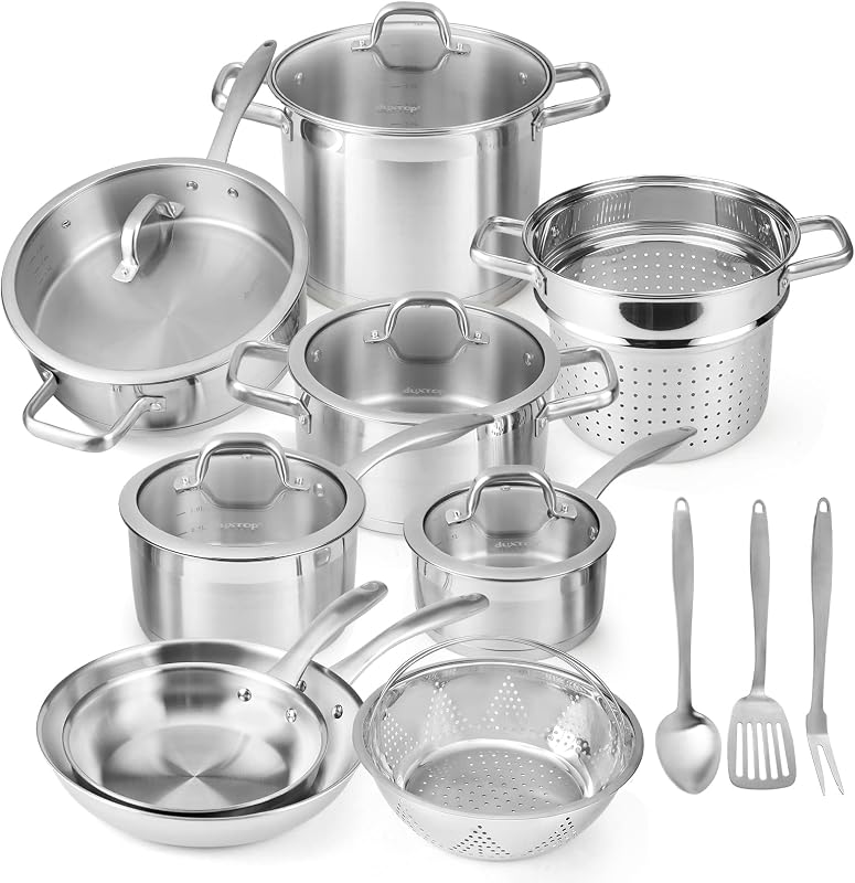 Juego de ollas y sartenes de acero inoxidable Duxtop, juego de utensilios de cocina de inducción de 17 piezas | Cocinas familiares, base unida por impacto, calor uniforme para hervir, freír y saltear