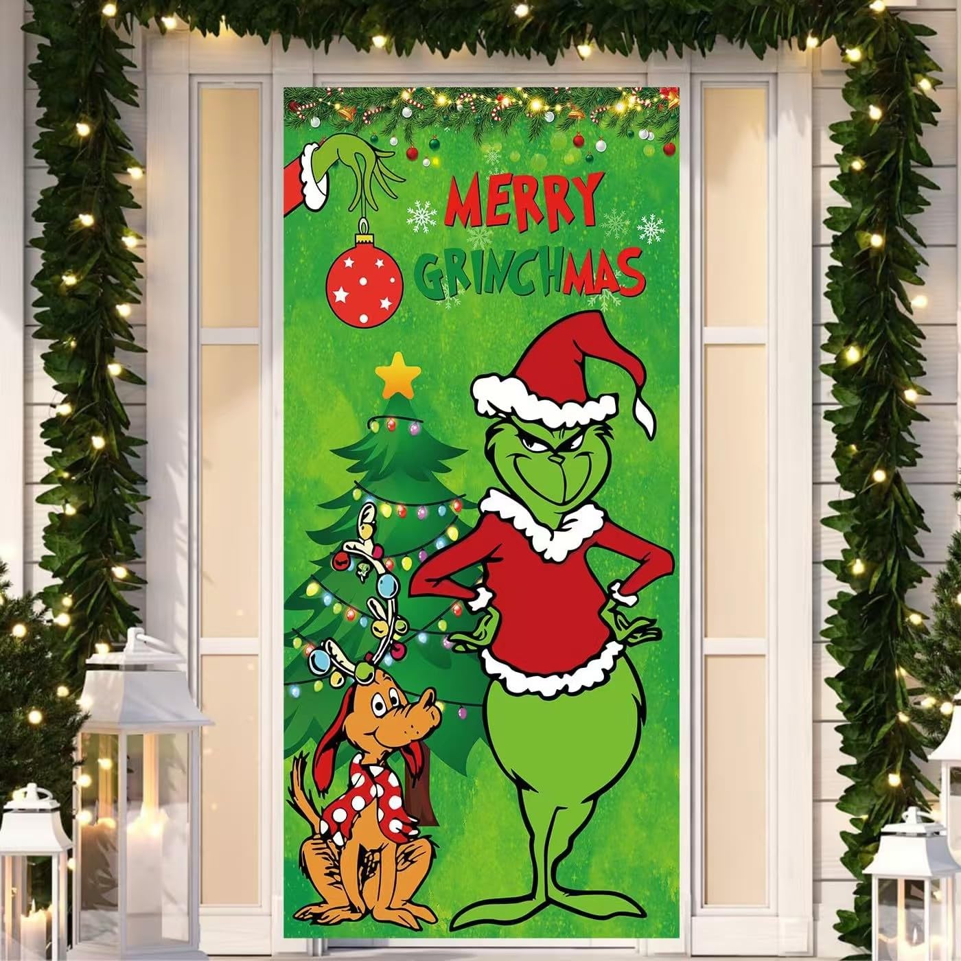 luoshuangfei Cortina de puerta de Navidad, telón de fondo de pancarta de Grinch, decoraciones de vestíbulo, escenario navideño. (verde-b)
